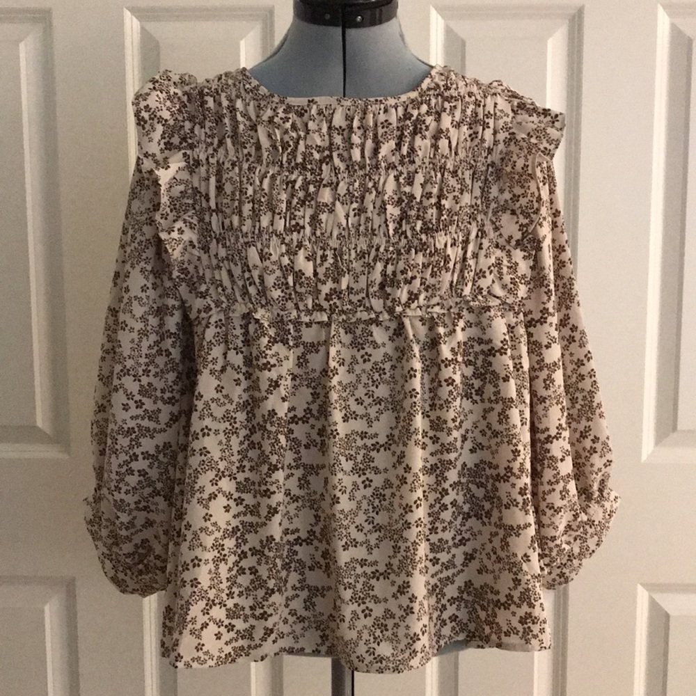 New Anthropologie & Merci Brown & Cream Floral Smocked Top Peasant Boho Blouse S
